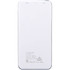 A white wireless power bank with a display, featuring USB output and input ports, and a logo on the surface.