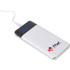 A white wireless power bank with a display and a logo, featuring a charging pad and a silver edge.
