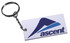 A white custom PVC keyring with a silver keychain, featuring a logo and blue design elements.