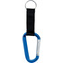 A blue carabiner attached to a black strap and keyring. The product features a logo.