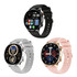 Three smart watches in black, silver, and rose colours, each featuring a round display and different dial designs.