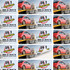 A sheet of stickers featuring a red car and a towing service logo, in a combination of yellow, black, and grey.