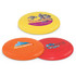 Three flying discs in yellow, orange, and red, featuring various logos and designs.