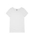 A white shallow scoop tee featuring a classic short-sleeve design and a branding logo on the label.
