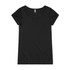 A black women's T-shirt with a scoop neck and short sleeves, featuring a logo on the inner label.