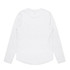 A white long-sleeve T-shirt with a curved hem and a logo on the back.