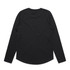 A long-sleeve tee in black, featuring a rounded hem and a smooth fabric texture, with a logo on the back.