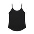 A black singlet with thin straps and a curved hem, featuring a logo.