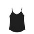 A black singlet with thin straps and a slightly curved hem, featuring a branding logo.