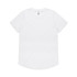 A white T-shirt with a curved hem and a label tag, featuring a logo.