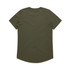 A khaki green t-shirt with short sleeves and a curved hem, featuring a logo on the back.