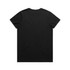 A black t-shirt with a simple design and a visible logo on the back.
