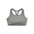 A sports crop top in a muted green colour, featuring a racerback design and a logo.