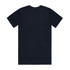 A plain navy blue organic t-shirt with a back view, featuring a logo on the label.