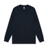 A navy long-sleeve T-shirt featuring a simple design and a logo on the tag.
