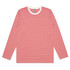 A long-sleeve T-shirt featuring red and white horizontal stripes, with a rounded neckline and a logo present.