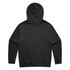 A black hoodie featuring a plain back design and a hood. It has a logo on the garment.