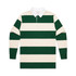 A rugby stripe polo shirt featuring green and cream horizontal stripes with a white collar. It has a logo on the chest.