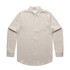 A light beige linen button-up shirt with long sleeves and a single chest pocket.