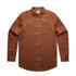 A brown linen button-up shirt with long sleeves and a single chest pocket, featuring a collar and buttons down the front.