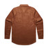 A brown linen button-up shirt with long sleeves and a back view. Features a small branding logo.