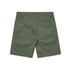 Olive green work shorts featuring a back pocket and a waistband with belt loops. Includes a logo on the waistband.