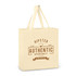 A cream cotton tote bag with two handles, featuring a logo and branding elements in brown.