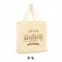 A beige cotton tote bag with handles and a logo, featuring brown text and design elements.