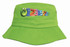 A bright green youth bucket hat featuring a colourful numeral design and an attached logo.