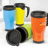A set of travel mugs in blue, yellow, green, and orange, each with a black lid and handle. One mug features a logo.