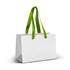 A white paper bag with green ribbon handles, featuring an unmarked surface and a sturdy rectangular shape.