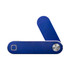 A blue laptop extension arm with adjustable sections, featuring a metallic button. Includes a logo on the surface.