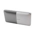 A silver Bluetooth speaker power bank with a textured mesh surface and control buttons on one side.
