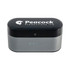 A wireless earbuds charging case in black and silver, featuring a logo and indicator lights on the front.