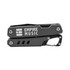 A grey multi-tool with a carabiner and a branding logo, featuring multiple tool functions.