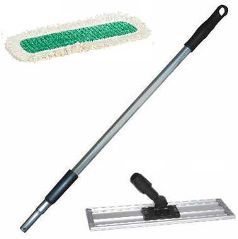 24" Flat Mop Fringe Duster Combo Kit with 3 pads, 1 Pad Holder with Acme thread Handle, and 1 Twist Lock Telepole.