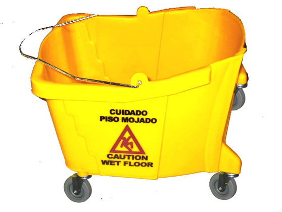 35 qt. Bucket with Bilingual Caution Sign. This plastic bucket accepts a squeeze wringer.