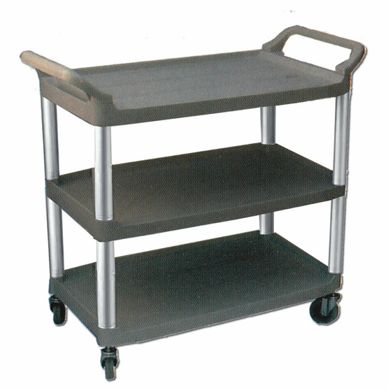 Standard 3 tier non-marking swivel wheeled utility cart for refuse and busing with handles on both sided