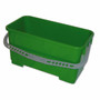 Green polyethylene rectangular 6 gallon bucket, heavy-duty construction handles up to an 18" FlatMop. This Perfect Window Washing Pail and with the tight lid will hold your cloths and pads in solution.  The color is green, and the dimensions are: 19.25” x 9.5” x 9.5”.  Swivel Wheel Kit are available on this website; also see  the Snap-On Lid.