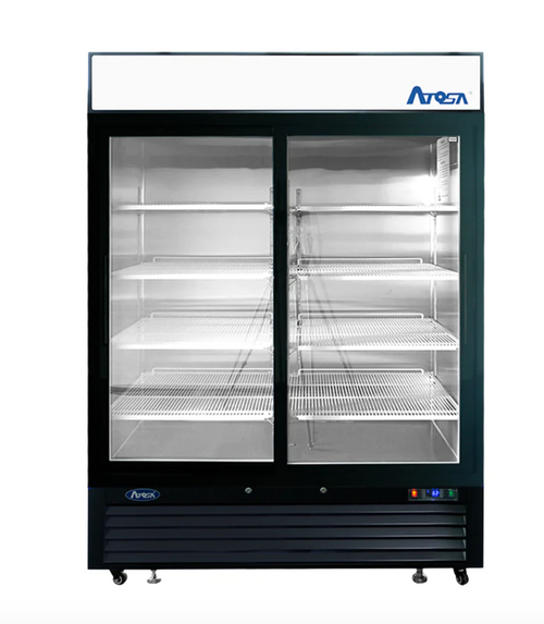 BUY MCF8727GR — Black Cabinet Two (2) Sliding Glass Door Merchandiser Cooler. Black steel exterior with stainless steel interior. Lighted header panel. LED interior lighting standard. Digital electronic controller. Maintains temperatures between 33°F - 40°F. Four (4) shelves standard per section. Double pane glass door (s) Recessed door handle.