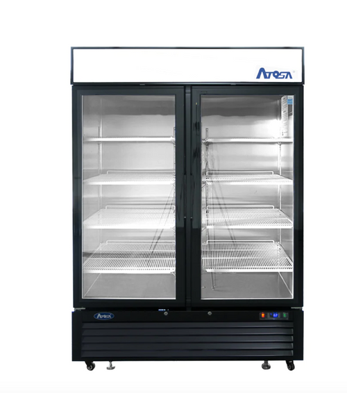 BUY Atosa USA, Inc., MCF8721ES, Freezer Merchandiser, two-section, 54-2/5"W x 31-1/2"D x 81-1/5"H, bottom-mount self-contained refrigeration, 43.8 cu. ft., (2) self-closing hinged glass doors with locks, digital temperature control, -8° to 0°F temperature range, (8) adjustable shelves, LED interior lighting, automatic evaporation, electric defrost, stainless steel interior, black exterior, R290