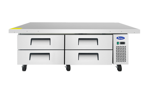 BUY | SHOP | ATOSA MGF8454GR — 76″ Refrigerated Chef Base. Standard Features: • Stainless steel exterior and interior • Stainless steel pans included • Electronic temperature controller • Maintains temperatures between 34°F - 40°F • Heavy duty compressor with environmentally friendly R290 refrigerant