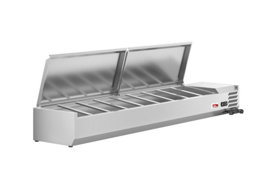 BUY | SHOP | 79" Refrigerated Topping Rail with Stainless Steel Cover, 9-Pan Capacity - 46497