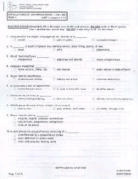 Applications Of Grammar Book 1 (Test Packet)