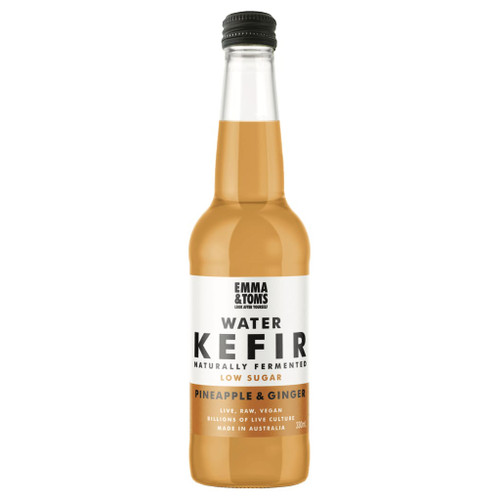 Emma & Tom's Water Kefir is a naturally fermented drink made with symbiotic culture of good bacteria and yeasts (called Kefir Grains"). Each bottle contains billions of living microorganisms and a lot more strains than Kombucha. These living organisms have been known to aid good digestion. Water Kefir is vegan and free from dairy, gluten, preservatives and artificial additives. Ingredients: Kefir culture (Daylesford springwater, organic figs, dates, sugar, molasses), pineapple, ginger , erythritol, stevia leaf extract."