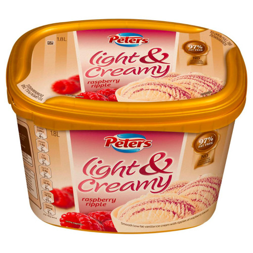 A smooth low fat vanilla ice cream with ripples of raspberry sauce. Light and creamy Raspberry ripple is 97% fat free, with no artificial colours or sweeteners.