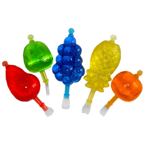 A frozen 35ml fruit treat. This treat is shaped into fruit shapes. Fun for children. This is a mixed box of flavours, orange, pineapple, lemon lime, red raspberry and blue raspberry.