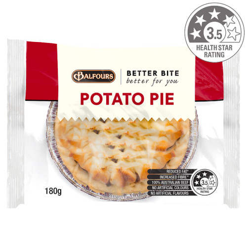 Balfours Better Bite potato pie is made with 100% Australian Beef. The 3.5 health star rated pie, is reduced fat and increased fibre.
