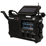 Right angle view of the black Kaito Voyager KA500L emergency radio with solar panel and antenna raised