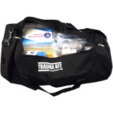 50 person deluxe trauma kit in a black duffel bag shown open with cervical collar and supplies